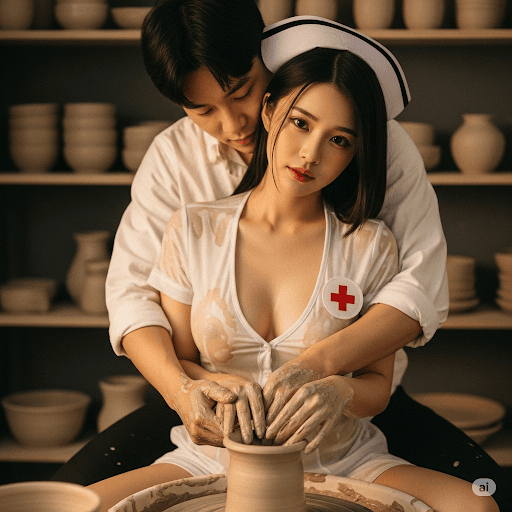 Prompt: Prompt ảnh nghệ thuật đầy cảm xúc và chân thực về cặp đôi làm gốm