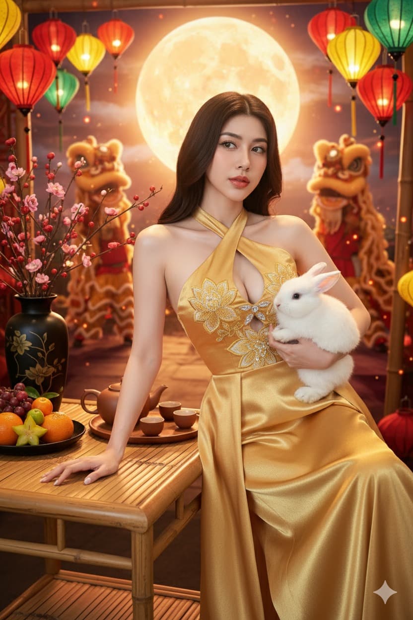 Prompt: Prompt tạo ảnh AI: Cô gái Việt đón Trung Thu lung linh
