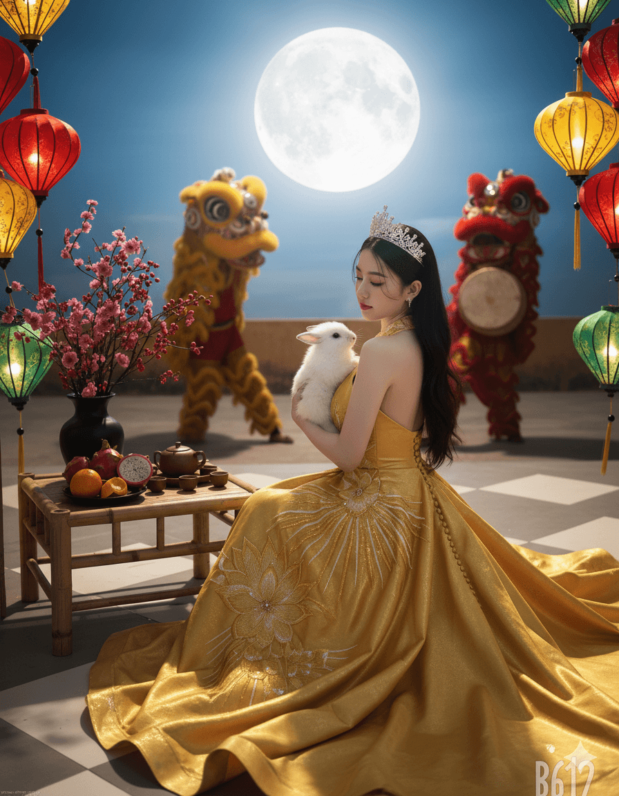 Prompt: Prompt ảnh chân dung Tết Trung Thu bên thỏ ngọc