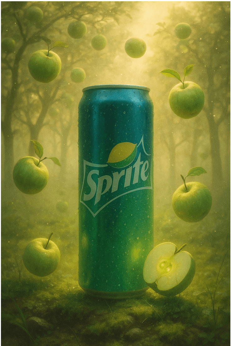 Prompt: Prompt tạo hình ảnh: Lon Sprite siêu thực giữa vườn táo huyền ảo
