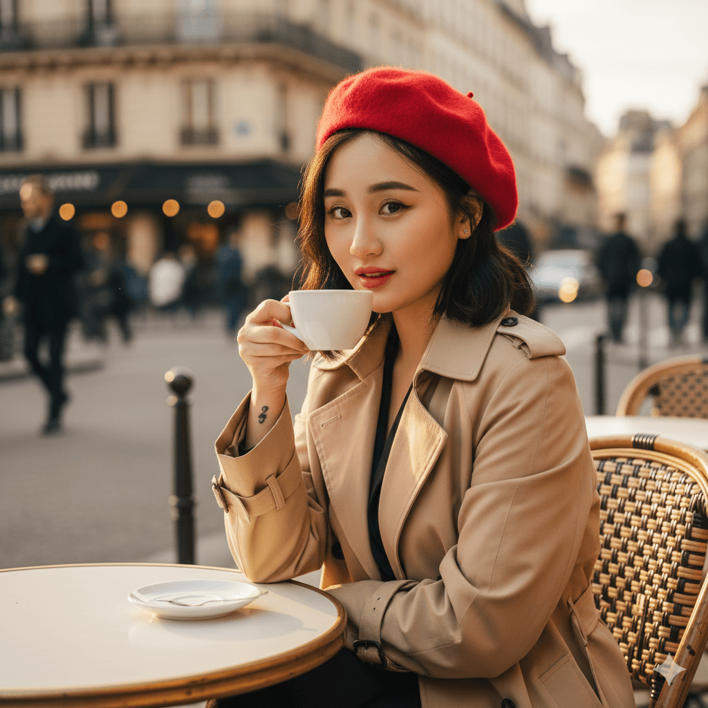 Prompt: Prompt tạo ảnh cô gái Paris tại quán cà phê giờ vàng