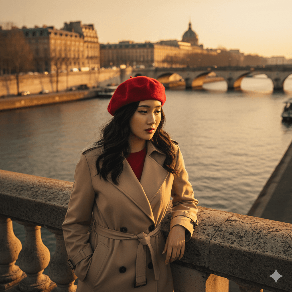 Prompt: Prompt tạo ảnh chân dung Paris lãng mạn, hoàng hôn vàng