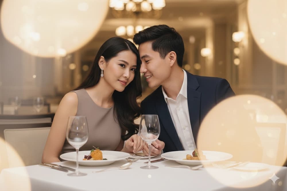 Prompt: Prompt tạo ảnh cặp đôi ăn tối lãng mạn tại nhà hàng sang trọng