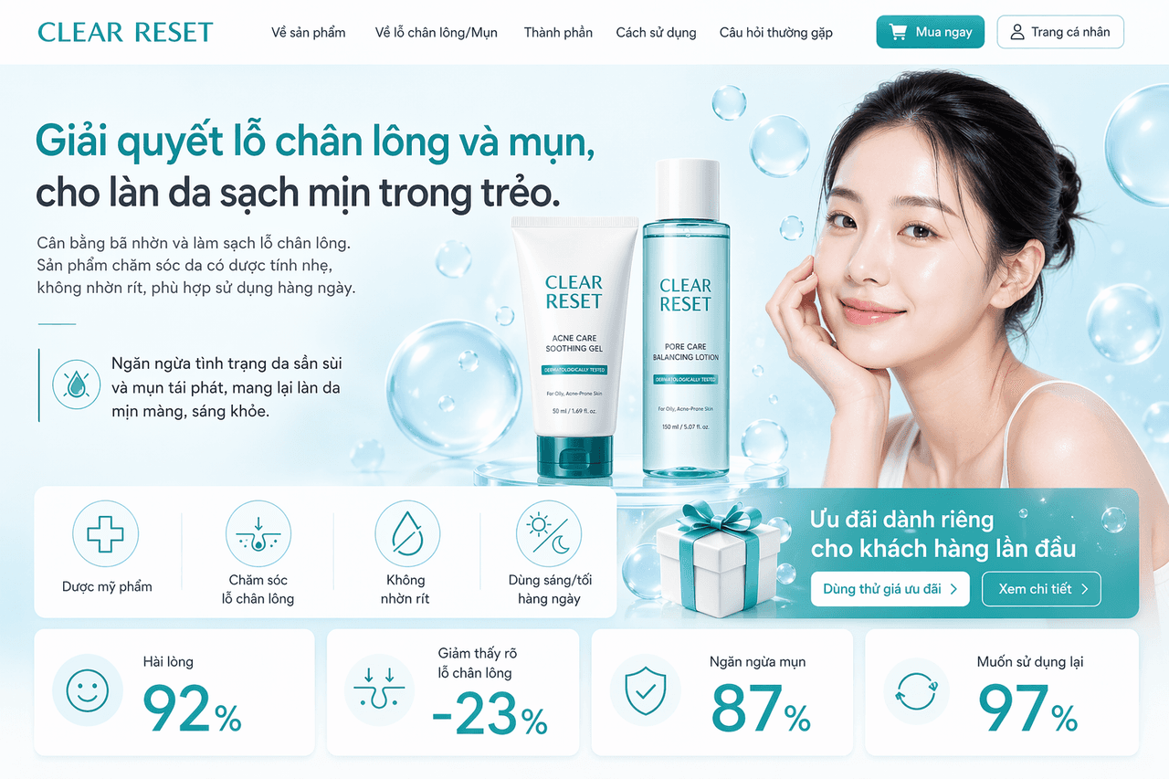 Prompt: Prompt thiết kế hero section trang đích mỹ phẩm ấn tượng