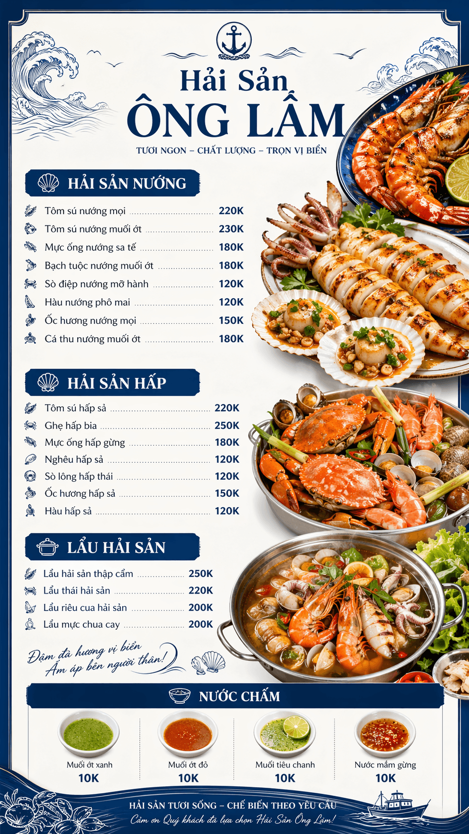 Prompt: Prompt thiết kế menu hải sản sang trọng, chuyên nghiệp