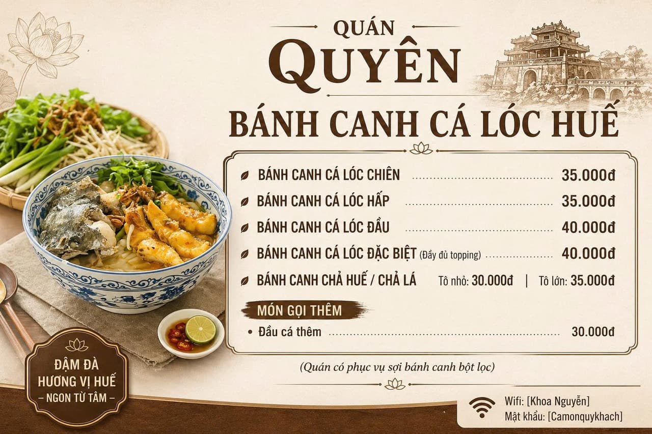 Prompt: Prompt Thiết Kế Menu Bánh Canh Cá Lóc Chuyên Nghiệp