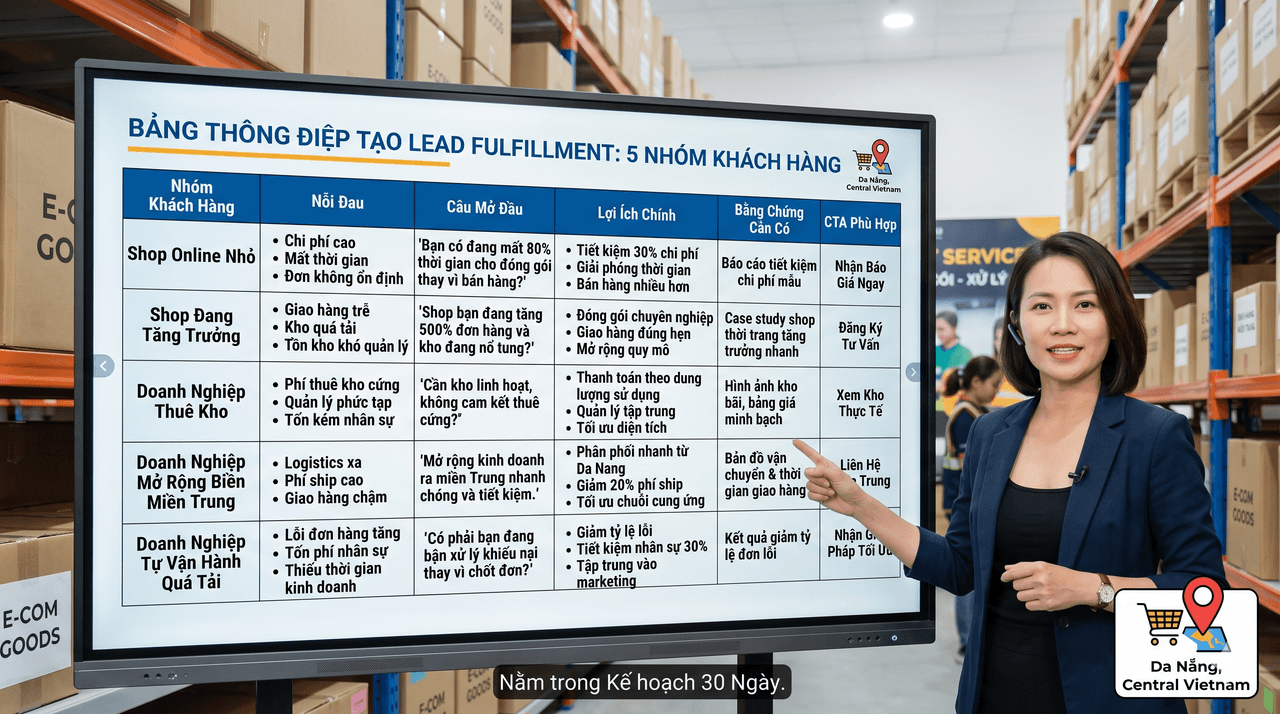 Prompt: Tạo bảng thông điệp tiếp cận cho 5 nhóm khách hàng